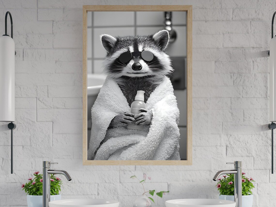 Raccoon In Towel With Soap Bottle Black And White Bathroom Poster