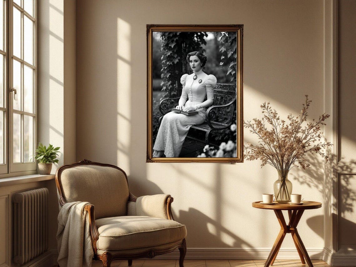 Victorian Lady In White Lace Dress Reading In A Garden Poster - Image 2