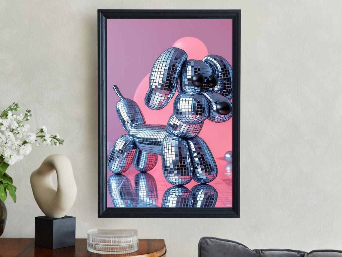 Disco Tile Balloon Dog Sculpture Art Pink Pop Art Decor Poster