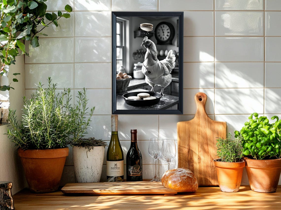 Chicken Chef Flipping Pancakes Rustic Kitchen Humor Art Poster - Image 2