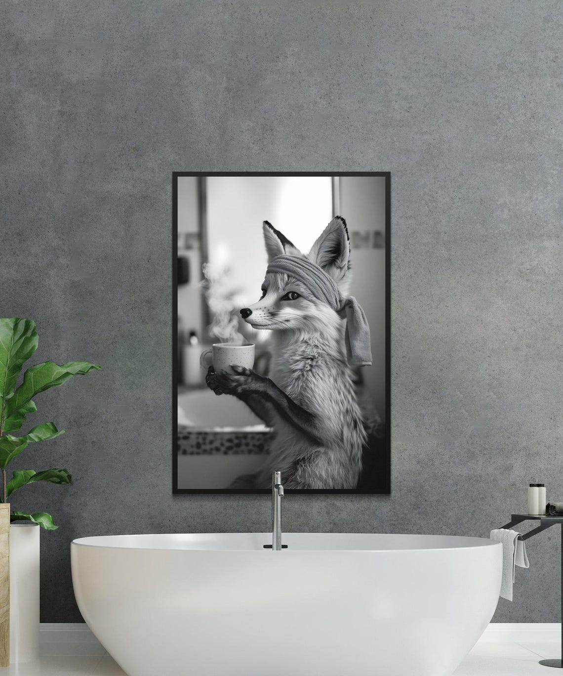 Fox With a Head Towel Holding a Steaming Cup of Coffee Poster - Image 2