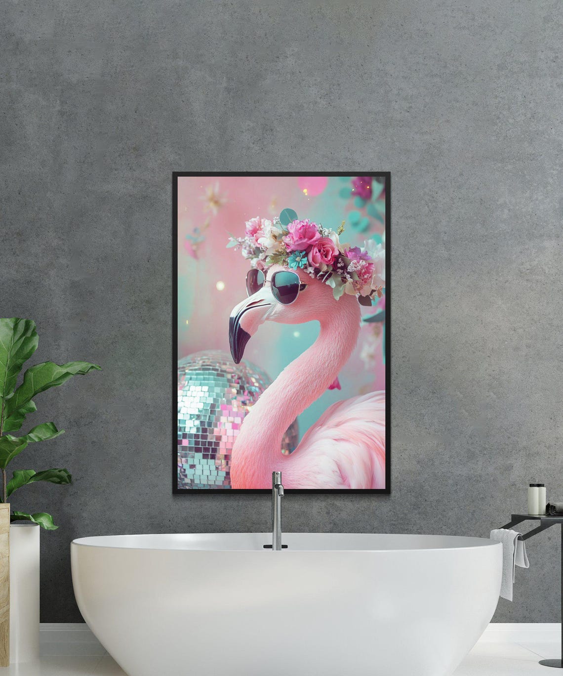 Flamingo with Sunglasses and Flower Crown by a Disco Ball Party Poster - Image 3