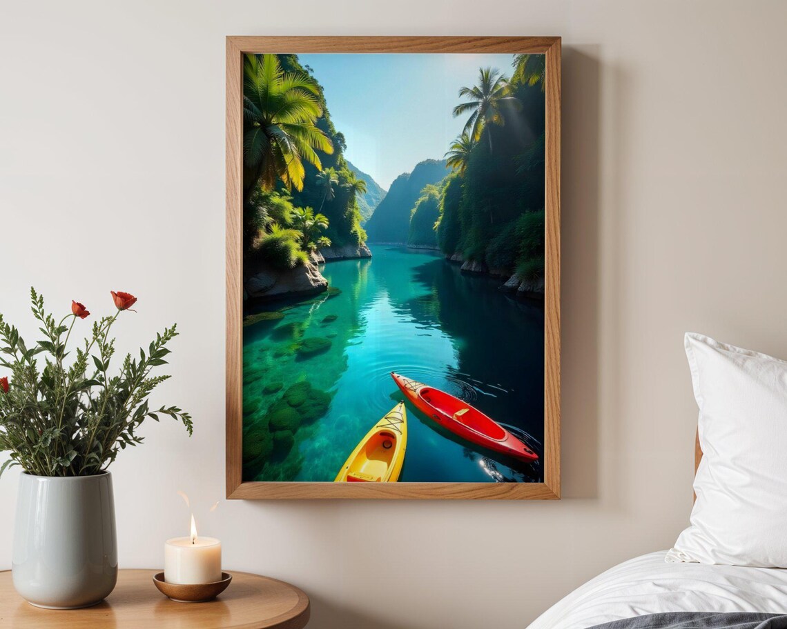 Red and Yellow Kayaks in Turquoise Jungle River Gorge Poster
