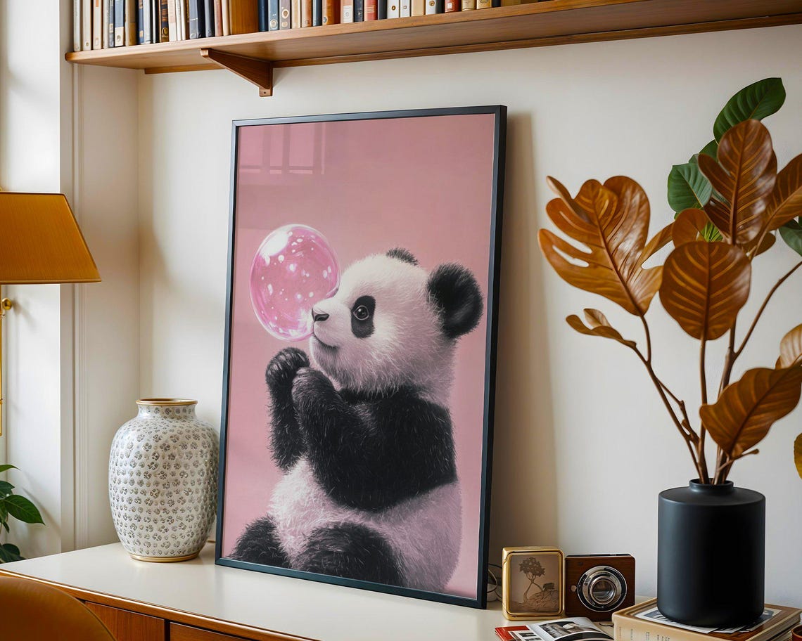 Baby Panda Blowing Big Pink Bubble Adorable Nursery Wall Poster - Image 2