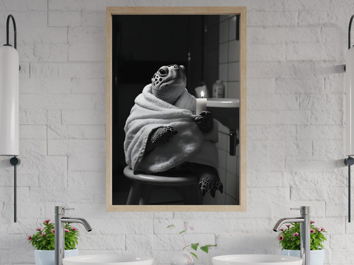 Black and White Turtle Wrapped in a Towel Holding a Candle Poster