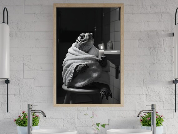 Black and White Turtle Wrapped in a Towel Holding a Candle Poster