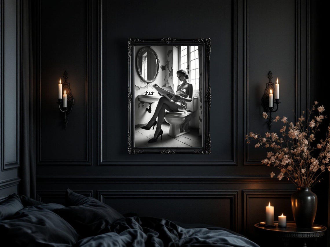 Woman Reading A Newspaper In A Rustic Vintage Bathroom Poster - Image 3