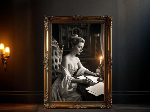 Woman in Satin Gown Writing Letters by Candlelight, Vintage Poster