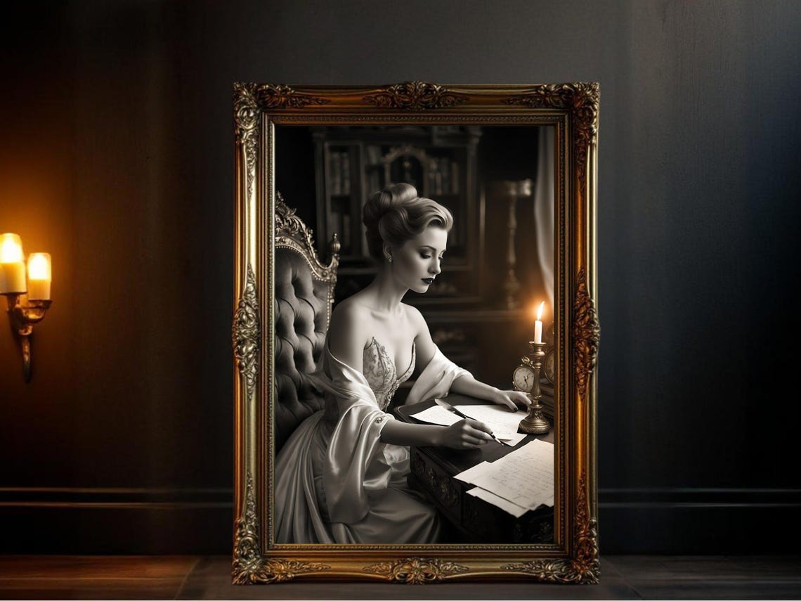 Woman in Satin Gown Writing Letters by Candlelight, Vintage Poster