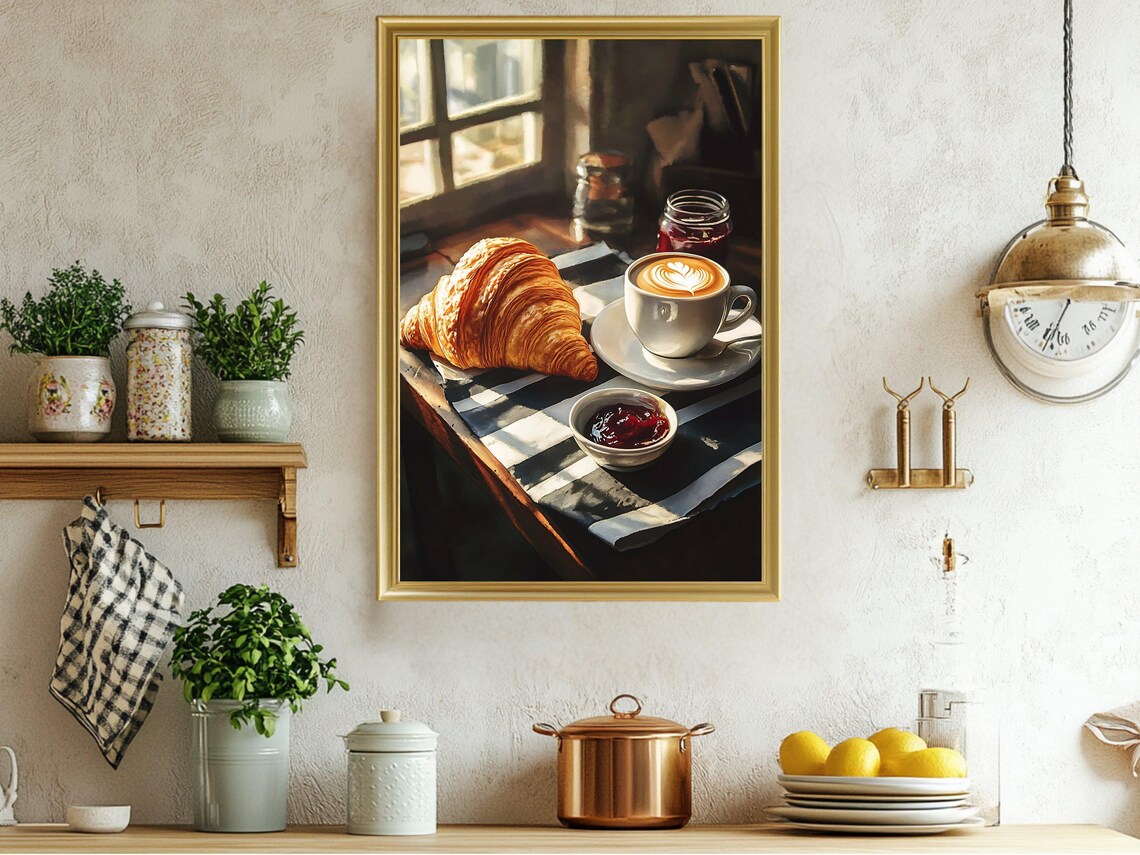 Croissant and Latte Art Cozy French Cafe Morning Scene Poster