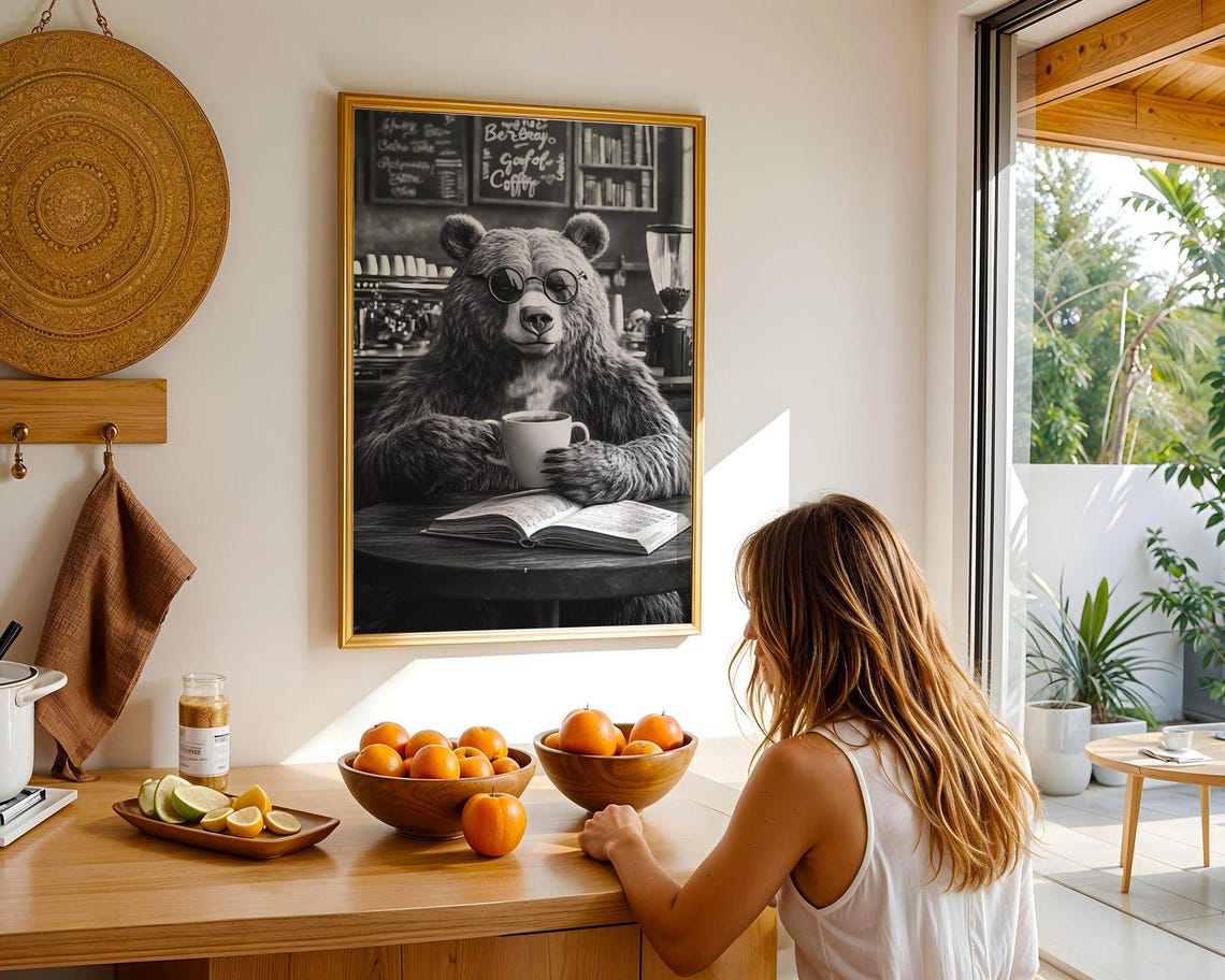 Cool Bear with Sunglasses Drinking Coffee in Black White Poster - Image 4