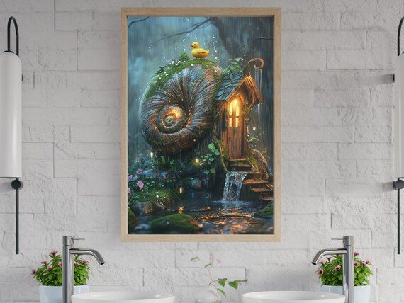 Enchanted Forest Snail House Wall Art Magical Cottage With Duckling Print Fairy Tale Decor Nature Photography Rainy Day Scene