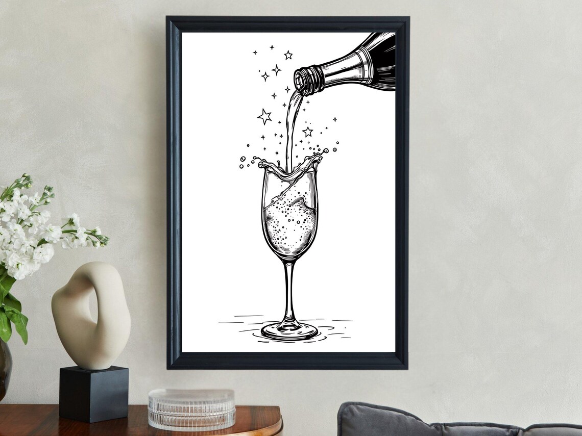 Champagne Bottle Pouring Into a Sparkling Flute Black and White Art Poster