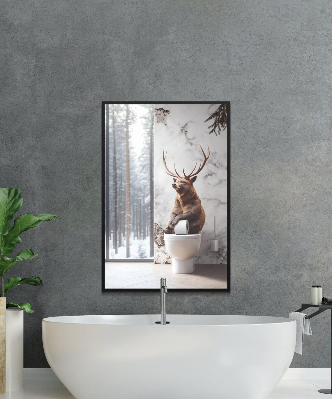 Deer Sitting on Toilet Holding Toilet Paper in a Snowy Forest Bathroom Poster - Image 2
