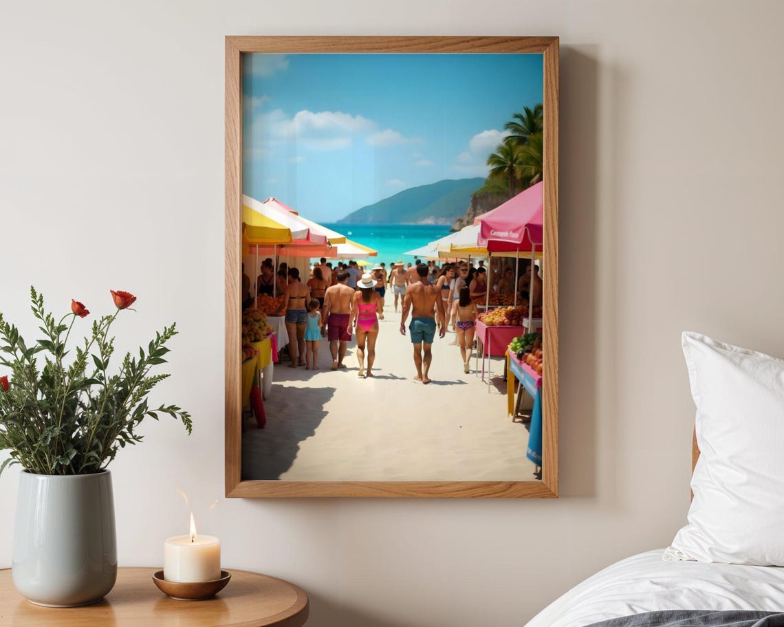 Colorful Beachside Market Stalls on Busy Summer Beach Poster