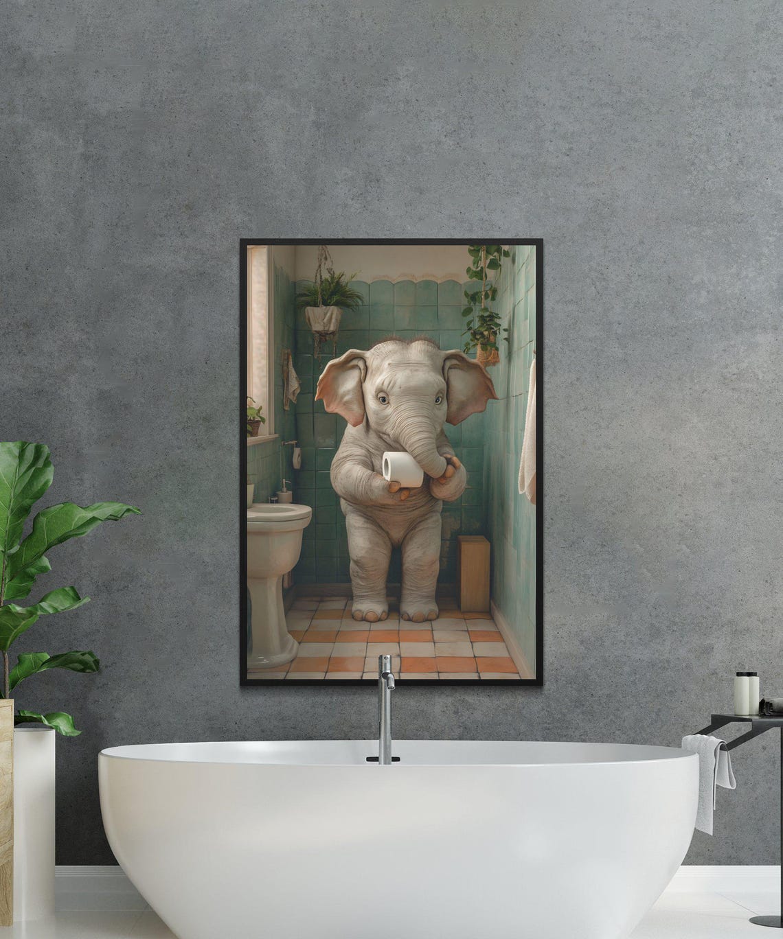 Baby Elephant Holding Toilet Paper in a Green Tiled Bathroom Poster - Image 2