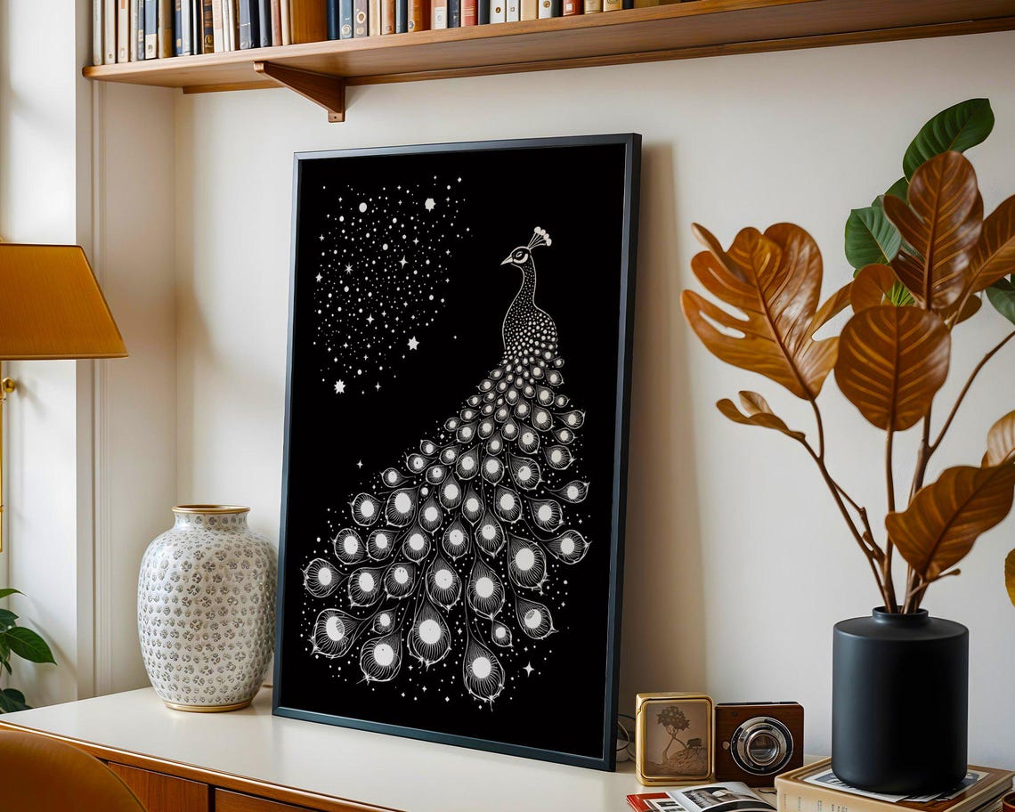 White Line Art Peacock With Starry Tail On Black Elegant Bird Poster - Image 2