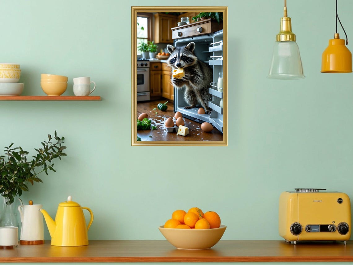 Mischievous Raccoon Raiding the Kitchen Fridge with Cheese Poster - Image 3