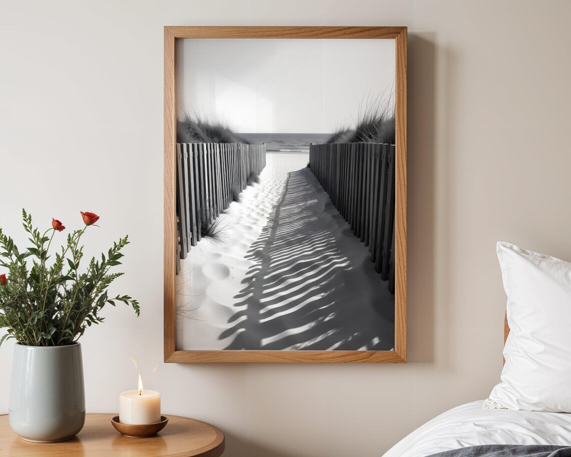 Black and White Beach Path Between Wooden Fences Photo Poster
