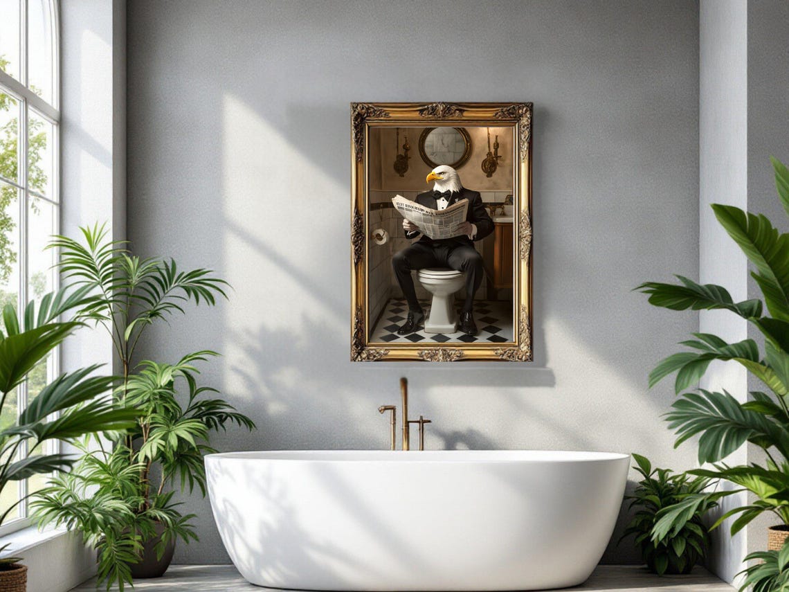 Bald Eagle In Tuxedo Reading Newspaper Funny Bathroom Animal Poster - Image 3