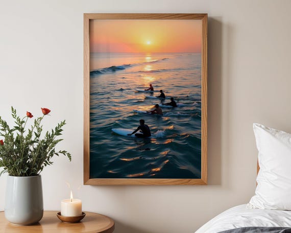 Surfing At Sunset Wall Art Ocean Waves Print Coastal Home Decor Beach Photography Surfers Paradise Sunset Seascape Poster