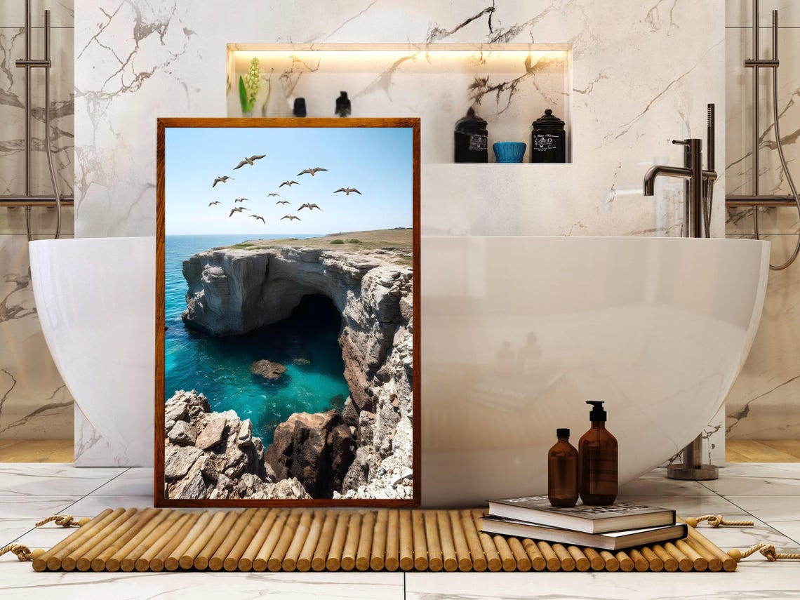 Sea Cave Natural Rock Arch Over Turquoise Water With Seagulls Poster - Image 2