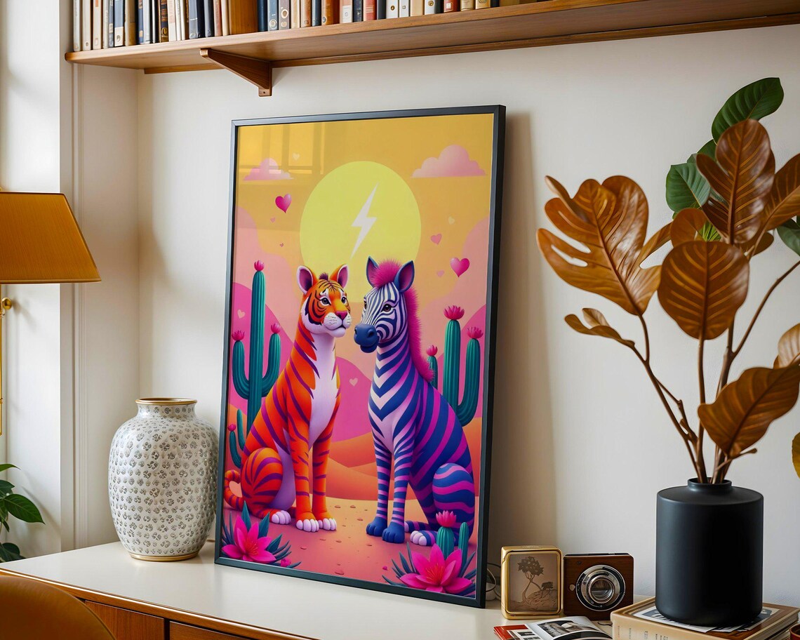 Colorful Tiger and Zebra Friends at Sunset Desert Cactus Art Poster - Image 5