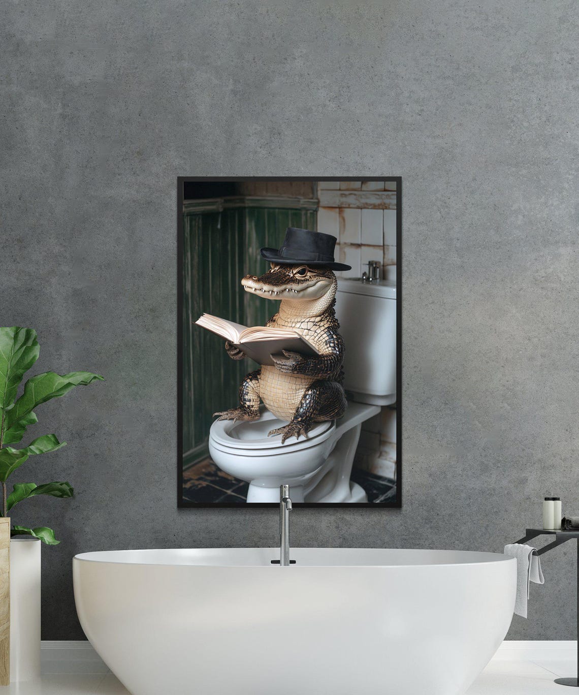 Alligator Wearing a Top Hat Reading a Book on the Toilet Poster - Image 2