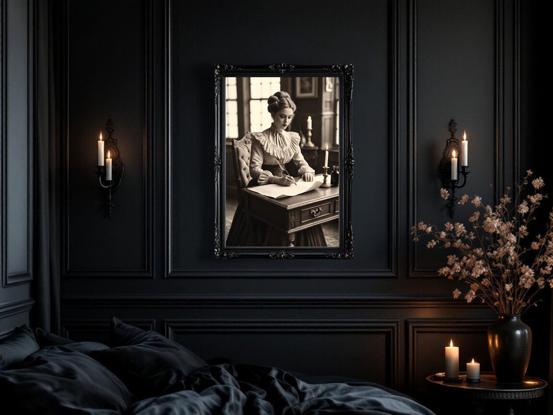 Victorian Woman Writing with Quill at Candlelit Desk, B&W Poster - Image 3