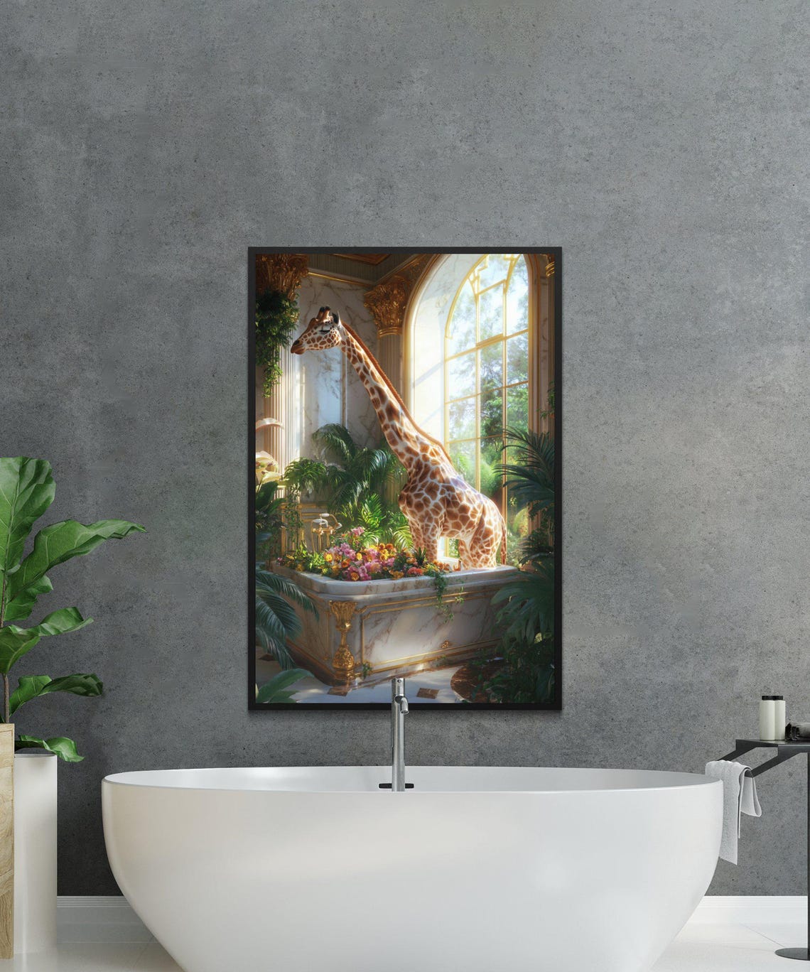 Giraffe in a Sunlit Marble Tub by Tall Arched Windows Day Poster - Image 2