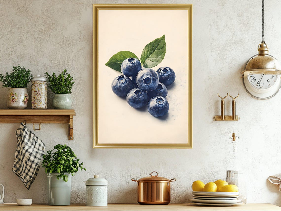 Fresh Blueberries Minimalist Botanical Fruit Kitchen Art Poster