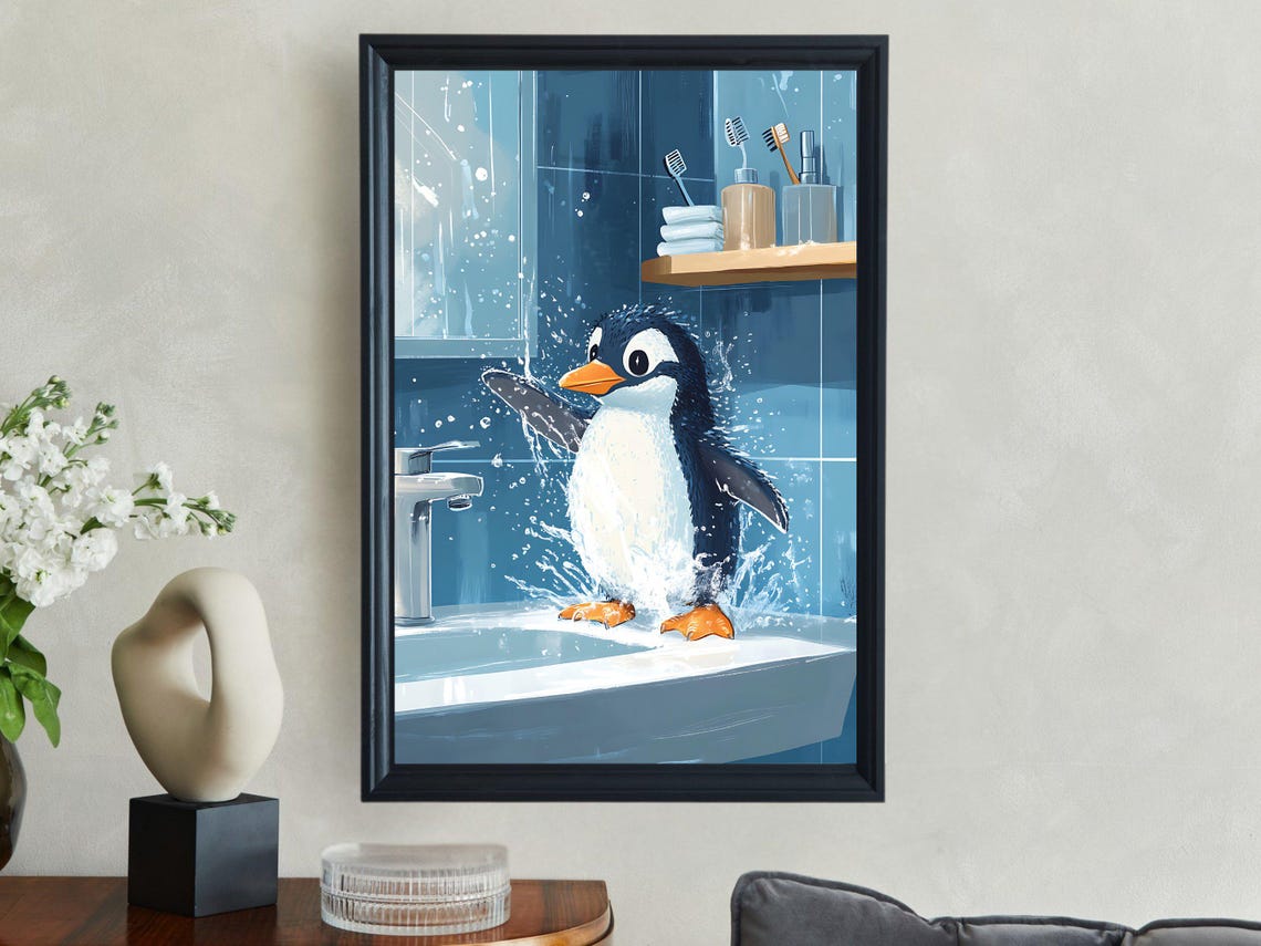 Playful Penguin Splashing Water Across the Bathroom Sink Poster - Image 2