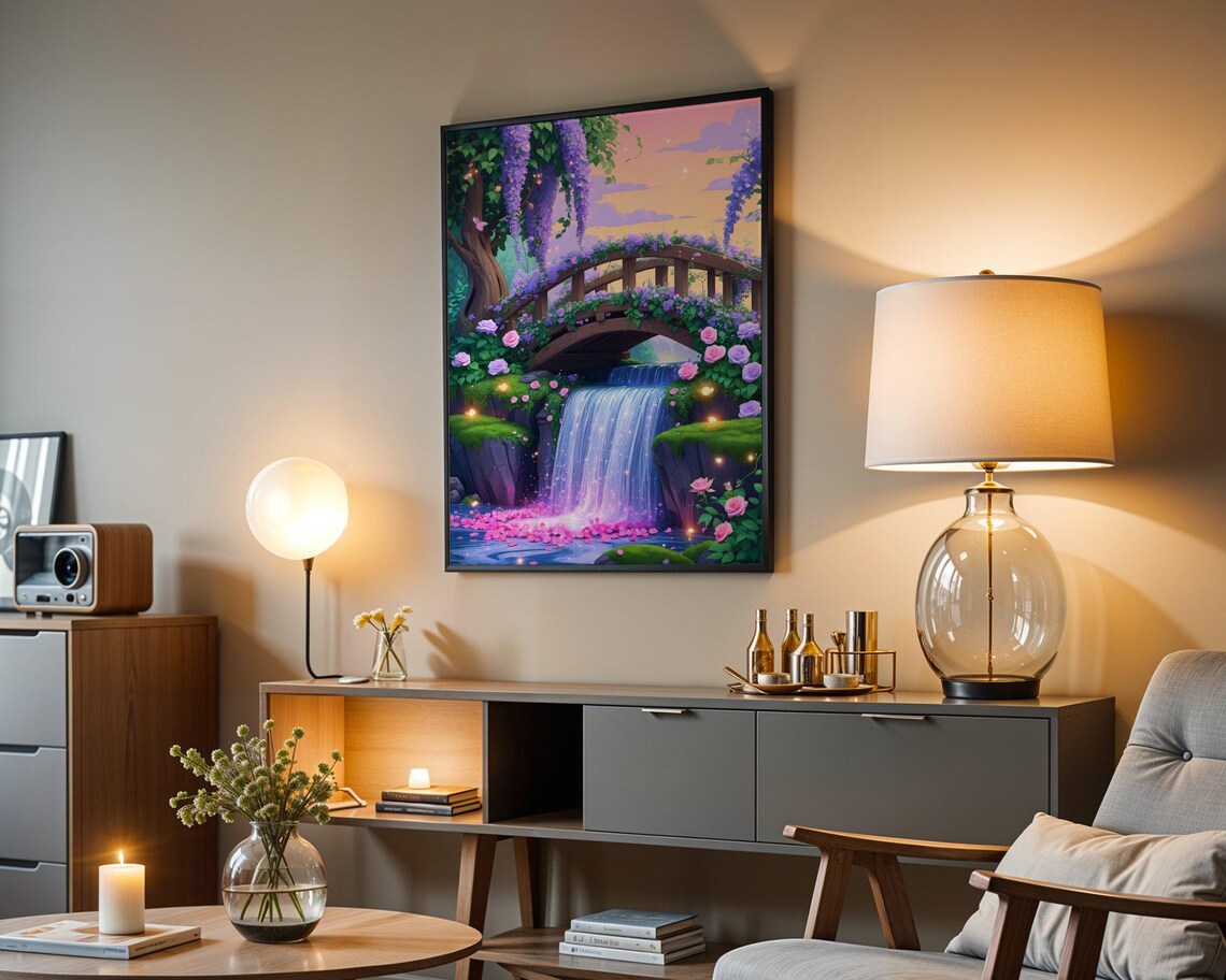 Fairytale Floral Bridge Waterfall Pink Roses Twilight Art Print - Image 3