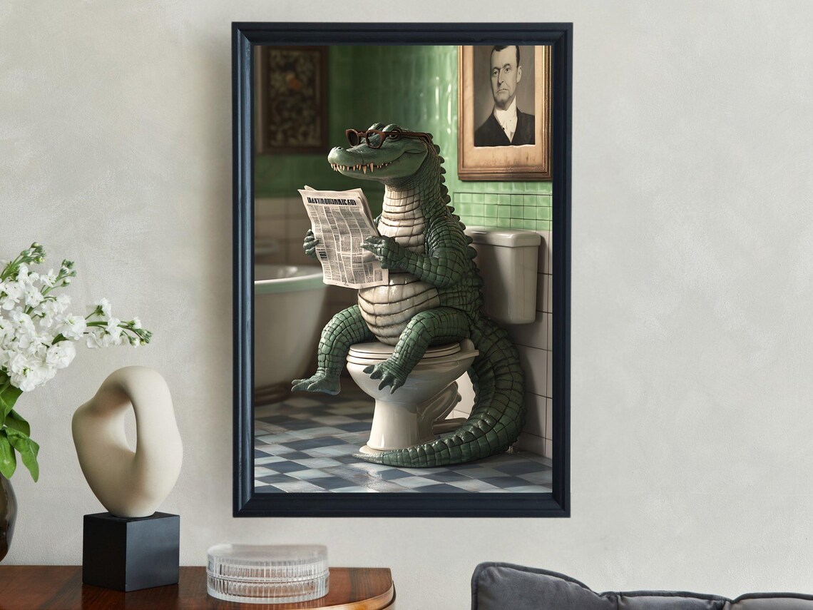 Alligator Reading Newspaper Wall Art Funny Animal Bathroom Decor Humorous Art Print For Bathroom Quirky Alligator Poster - Image 2