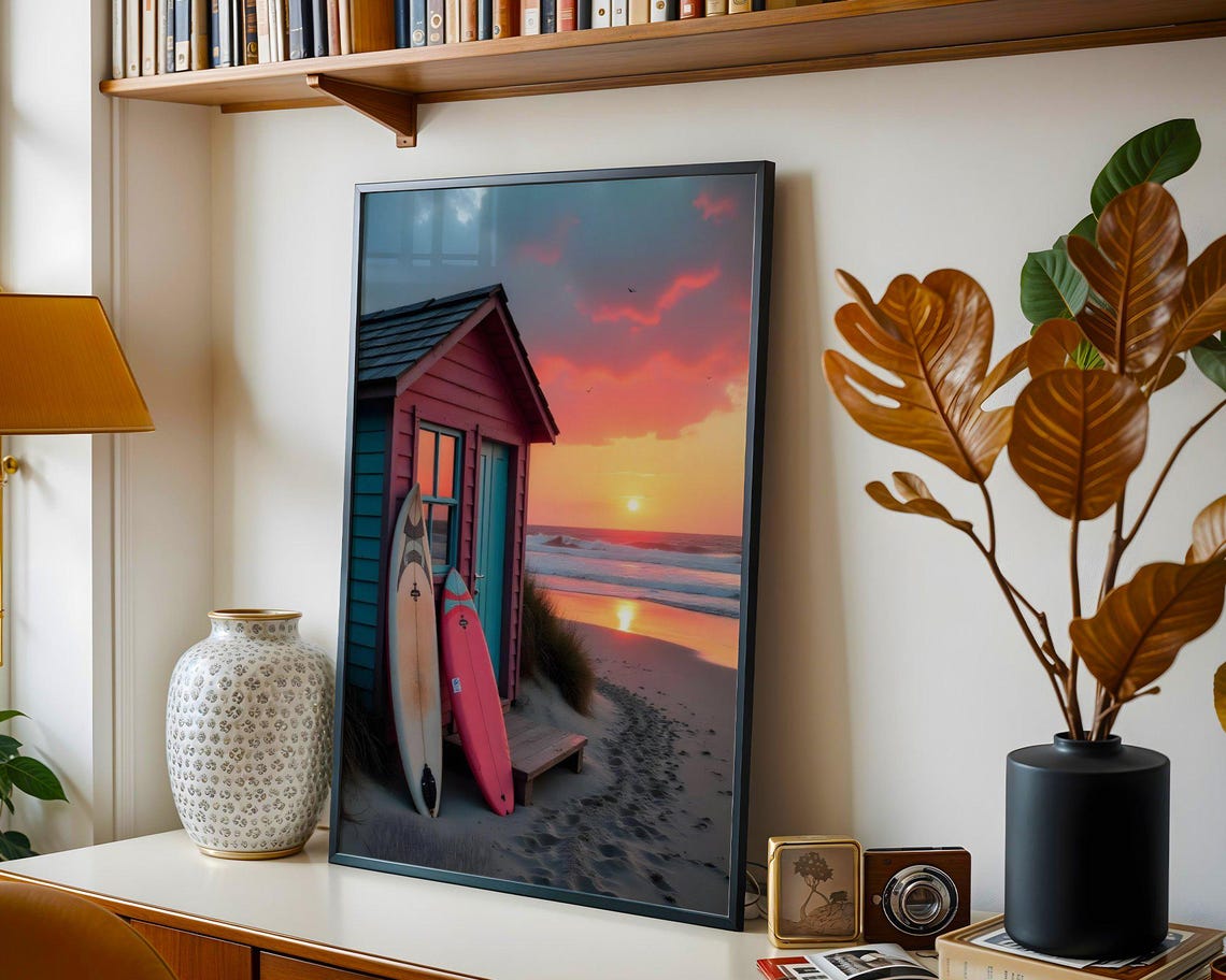 Coral Red Surf Shack With Two Boards on Beach at Sunset Poster - Image 3
