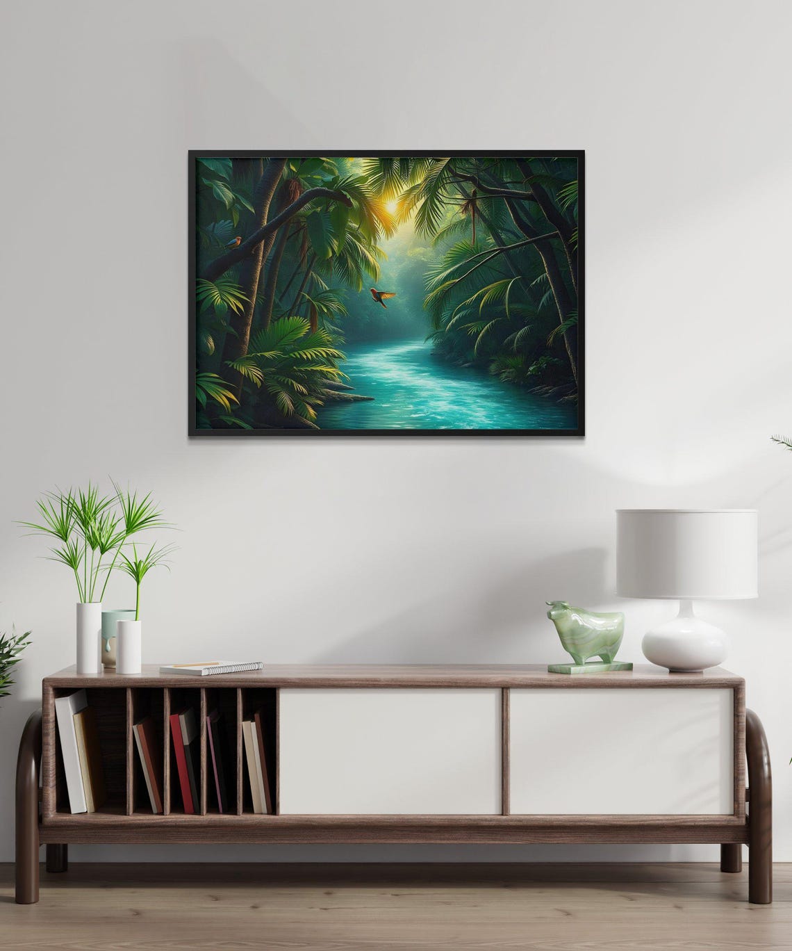 Sunlit Tropical Jungle River with Birds in a Lush Green Forest Poster - Image 3