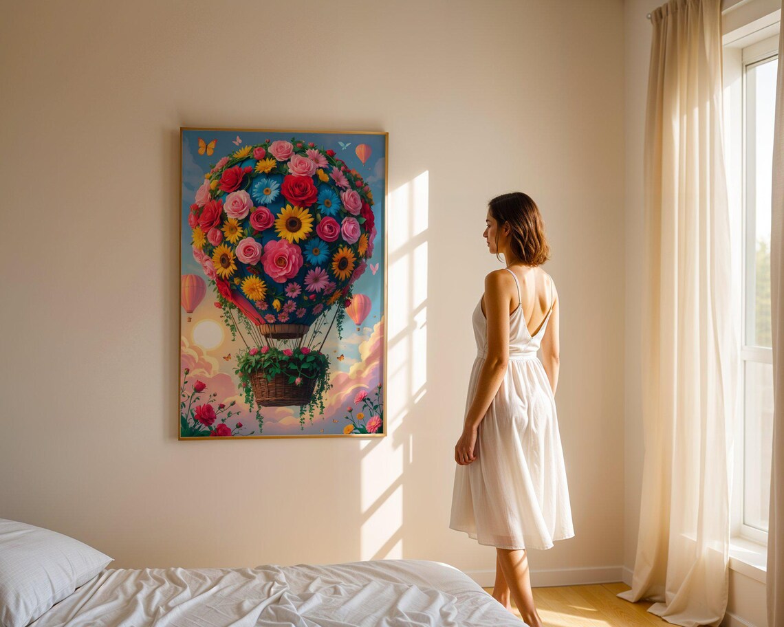Hot Air Balloon Covered In Colorful Flowers Drifting At Sunrise Poster - Image 4