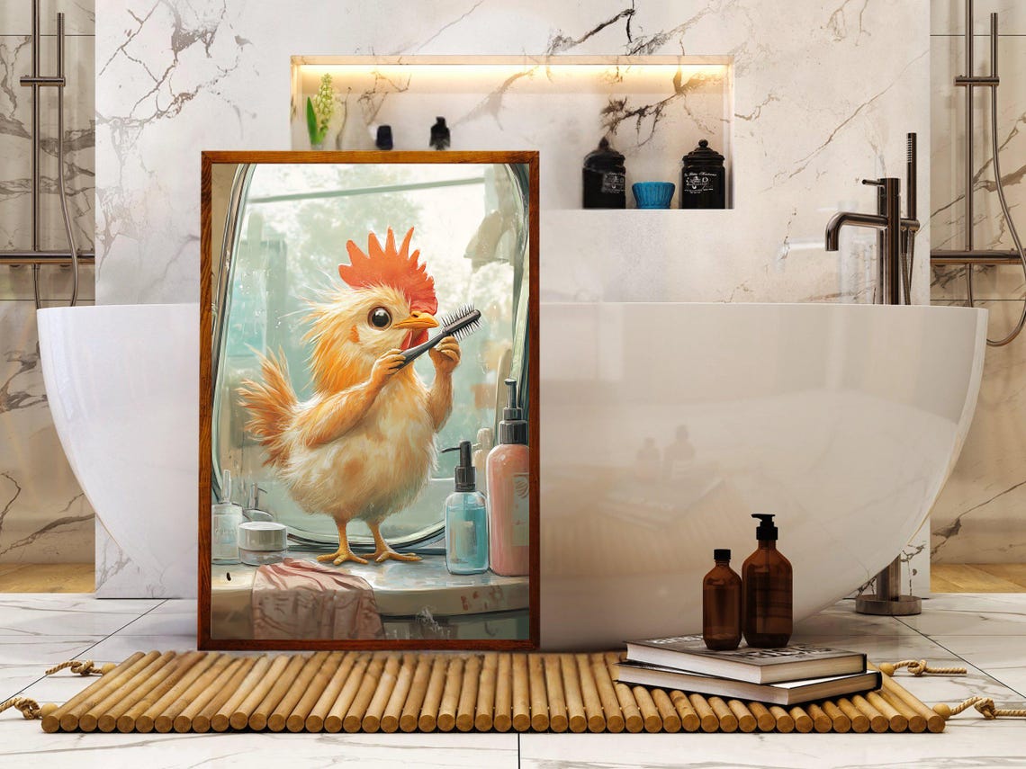 Adorable Baby Chicken Brushing Teeth in Front of Mirror Poster - Image 5
