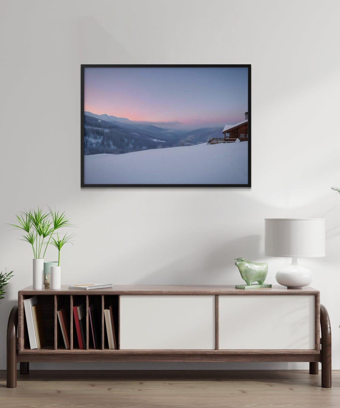 Cozy Snowy Mountain Cabin At Pink Sunset Winter Landscape Poster - Image 3