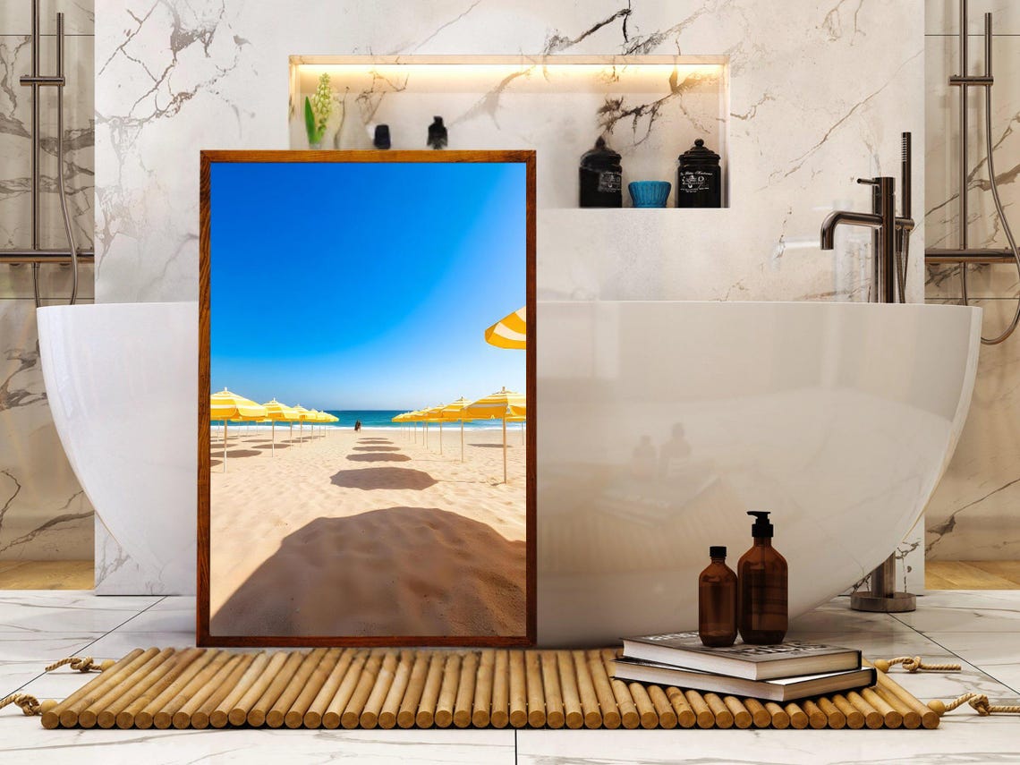 Yellow Beach Umbrellas Row on Sand Under Bright Blue Sky Poster - Image 2