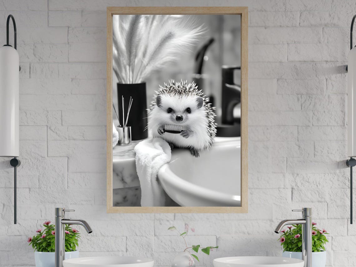 Hedgehog Holding a Toothbrush on a Bathroom Sink Black White Poster