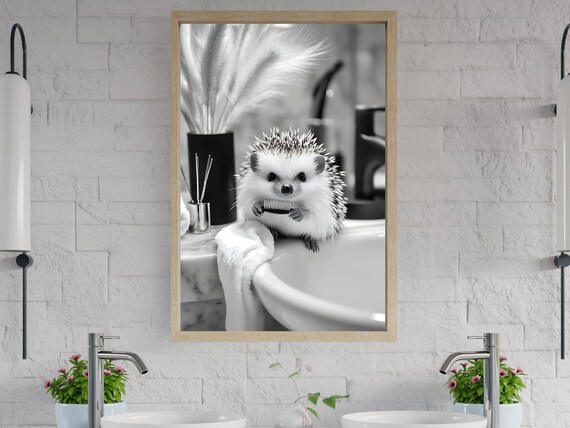 Hedgehog Holding a Toothbrush on a Bathroom Sink Black White Poster