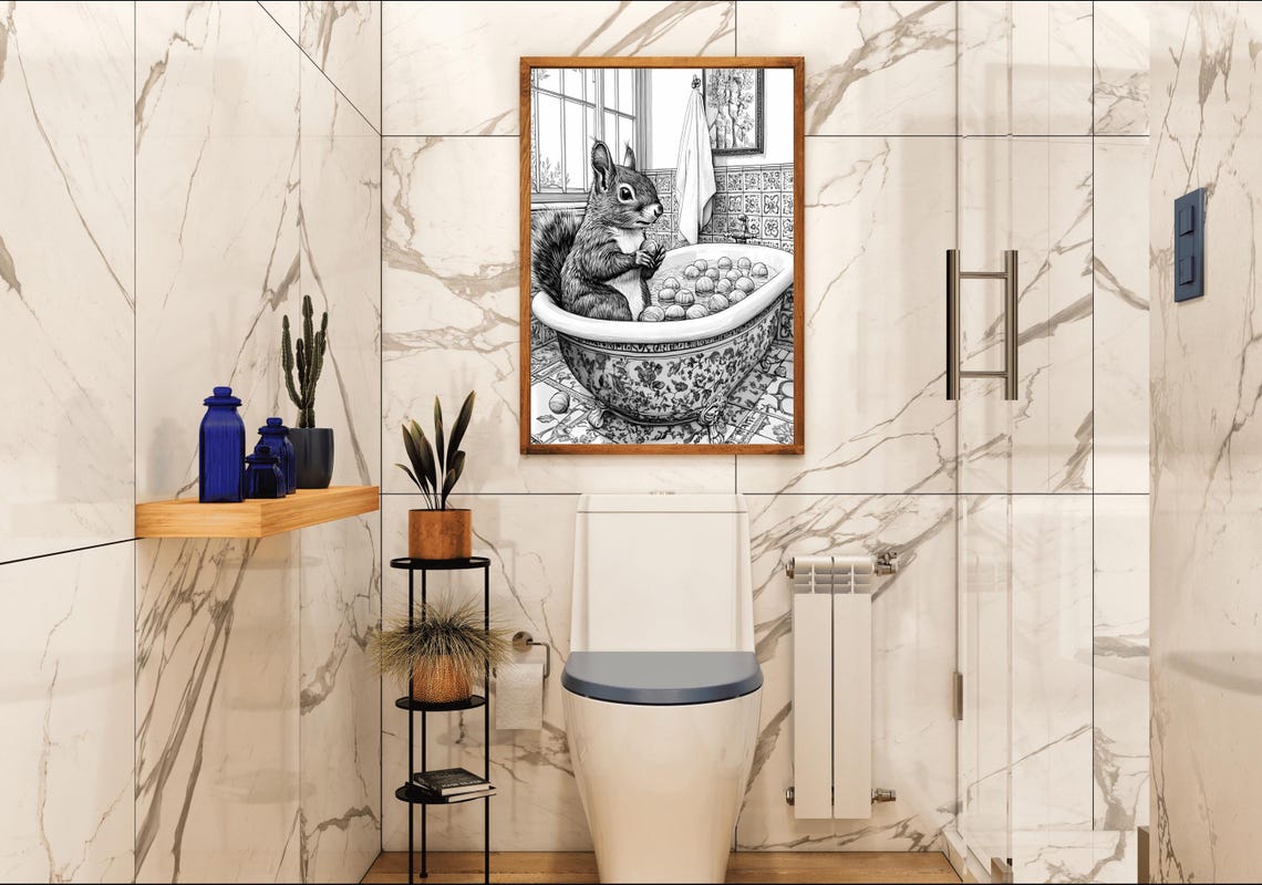 Squirrel In Vintage Bathtub Black And White Animal Art Poster - Image 4