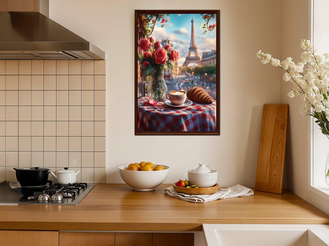 Paris Cafe Scene Eiffel Tower Croissant Coffee Romantic Poster - Image 4