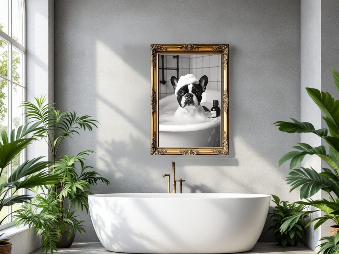 French Bulldog in a Bubble Bath With a Foam Cap on Its Head Poster - Image 3