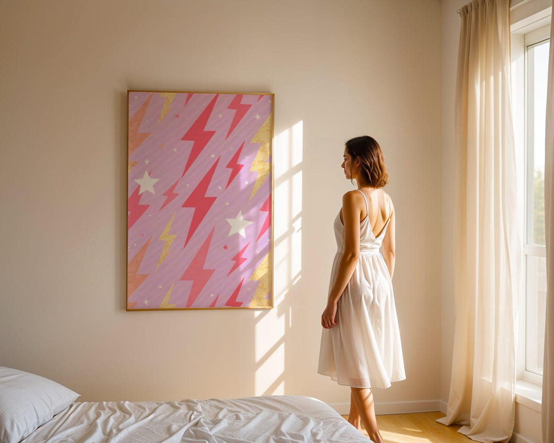 Vibrant Pink Lightning Bolt and Star Pattern Preppy Room Poster - Image 4
