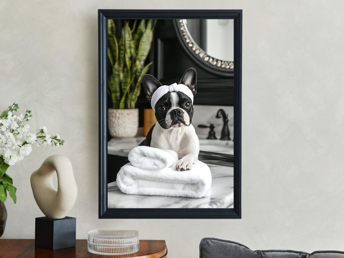 French Bulldog With Spa Headband Resting On Towels Animal Poster - Image 2