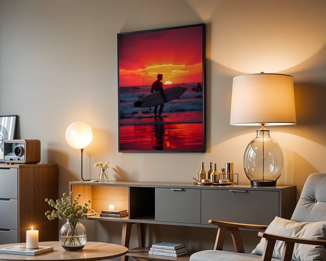 Surfer Silhouette Carrying Board Across Red Sunset Beach Poster - Image 5