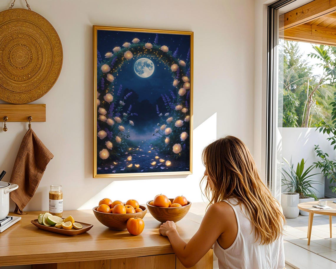Glowing White Rose Arch Under A Full Moon In A Night Garden Poster - Image 2