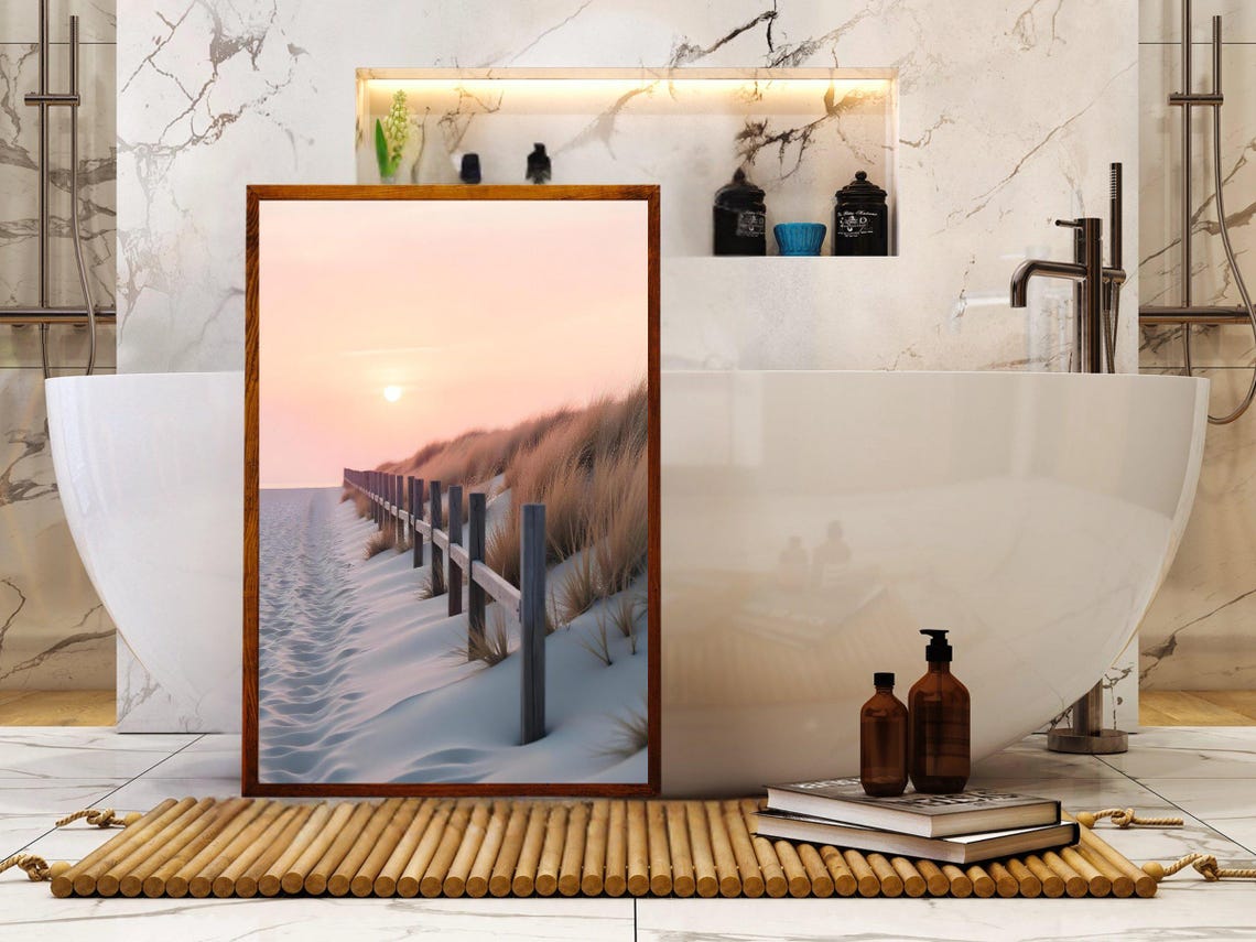 Sand Dune Fence With Grasses Under Soft Pastel Sunset Poster - Image 2
